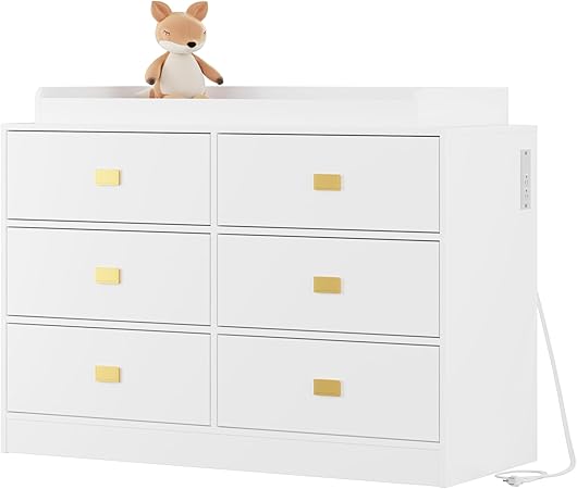 GarveeHome Dresser for Bedroom with 6 Drawers, Changing Table Dresser with Power Outlets, Soft Changing Pad & Removable Top, Baby Dresser with Changing Table Top for Nursery, White