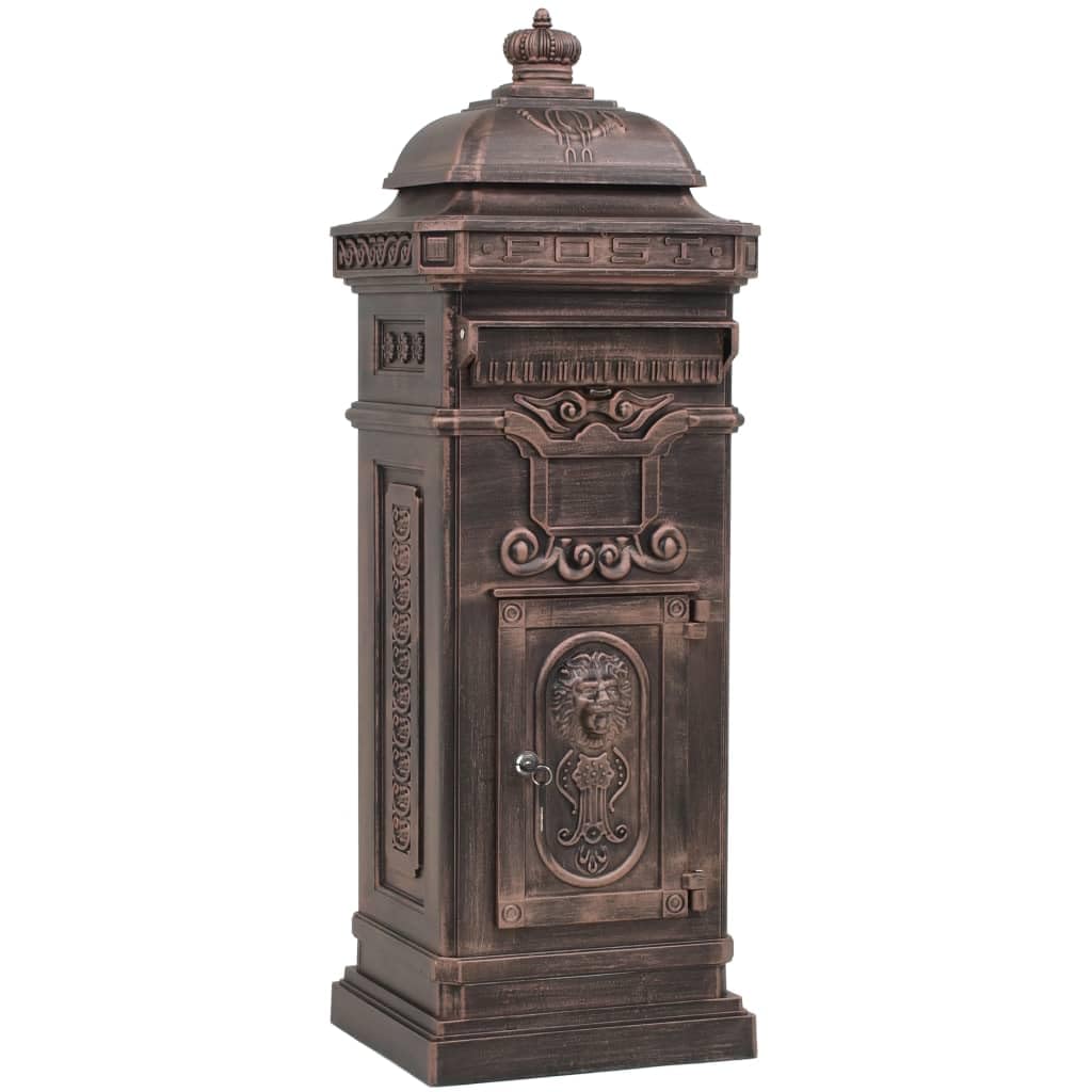 Skrzynka na listy kolumnowa z odlewu aluminiowego, stojąca skrzynka na listy w stylu vintage, nostalgiczna skrzynka na listy z przegródką na gazety i 2 przegródkami, brąz