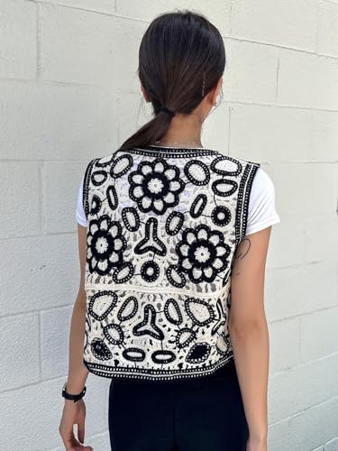 GORGLITTER Women's Embroidered Crochet Knitted Vest Tops Boho Floral Button Front Sweater Vest2