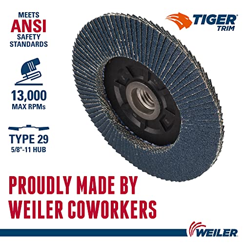 Image of Weiler 50008 Tiger 5 /8 inch-11 Arbor, 4-1 /2 inch Diameter, 80 Grit, Zirconium, Trimmable Composite Backing, Angled Abrasive Flap Disc