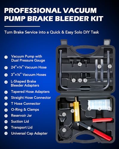 Image of Orion Motor Tech Brake Bleeder Kit with Hand Pump and Pressure Gauge, Hand Vacuum Pump with Brake Bleeder Bottle Adapters Case & Gloves for One Person Brake Fluid Power Steering Fluid Bleeding
