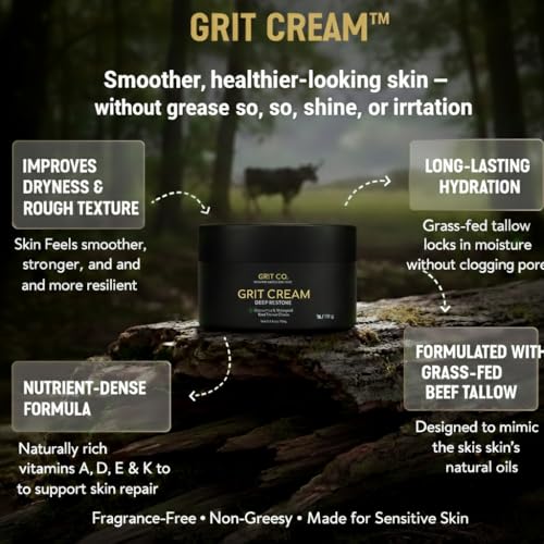 GRIT CO. Beef Tallow for Skin Anti-Aging Men's Face Cream – Grass-Fed Tallow Moisturizer for Men – Unscented Whipped Wrinkle Balm 3.4 oz