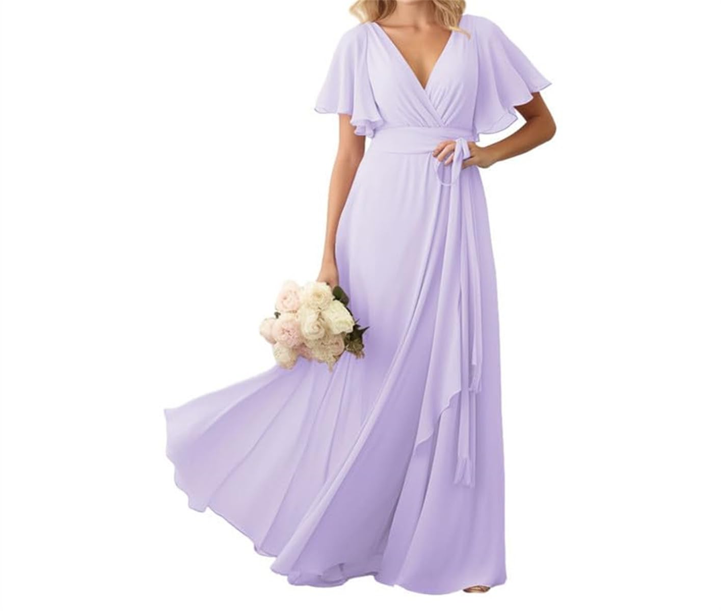 Wseyu Women's Lavender A-Line Chiffon Bridesmaid Dresses With Belt V Neck Flutter Sleeves Wedding Guest Evening Gowns Uk26