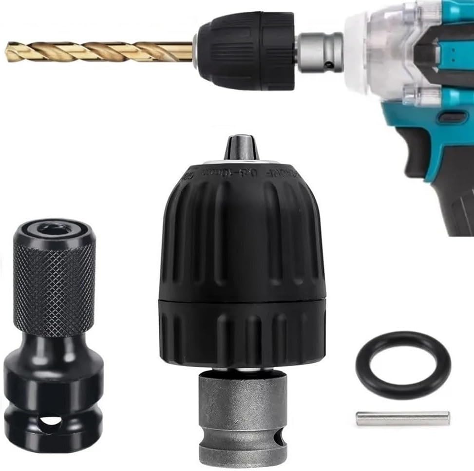0.8–10 mm Keyless Drill Chuck with 1/2" Square to 1/4" Hex Socket Adapter for Power Drills – Metal Ratchet Conversion Head, 3/8" UNF Mount, for R