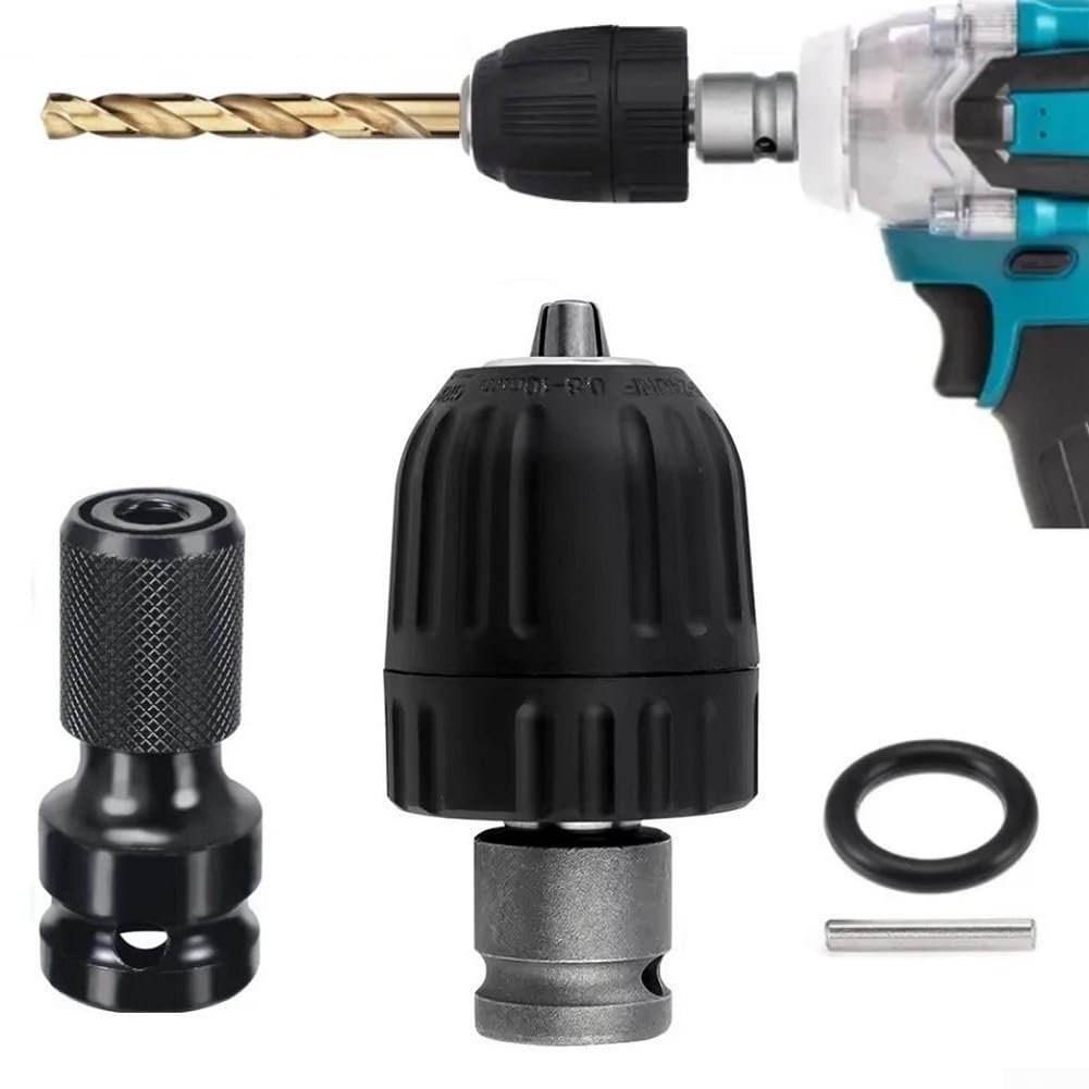0.8–10 mm Keyless Drill Chuck with 1/2" Square to 1/4" Hex Socket Adapter for Power Drills – Metal Ratchet Conversion Head, 3/8" UNF Mount, for R
