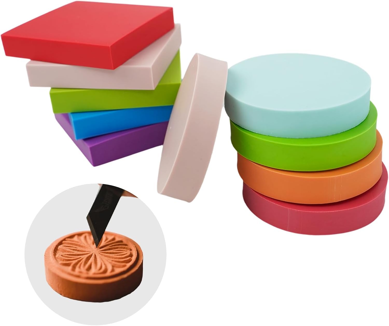 10 bloques de sello de goma para tallar, 5 x 5 x 1 cm, bloques de sellos de goma, varios colores, cuadrados y redondos, juego de impresión de linola, bloques de tallado de goma, sello para