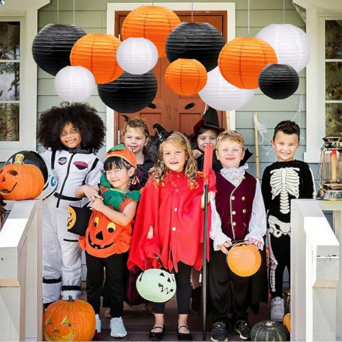 Image of Orange Black White Paper Lanterns Decorative 12pcs Halloween Hanging Decorations for Graduation Thanksgiving Birthday Party Decorations