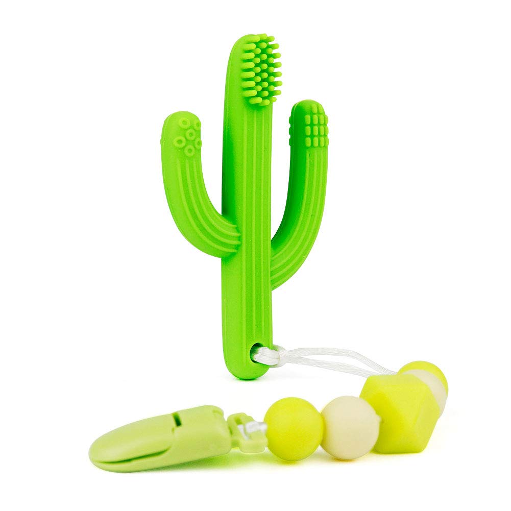 Cactus Baby Teething Toys Toothbrush with Silicone Dummy Clips,Self-Soothing Pain Relief Soft Silicone Teether Training Toothbrush for Babies,Toddlers,Infants,Boy /Girl,Natural Organic(Grass Green)