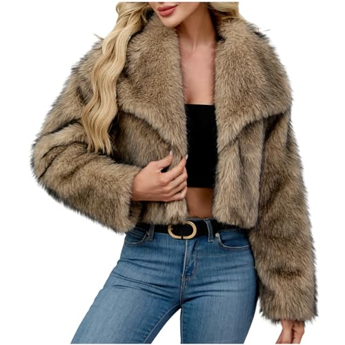 Faux Fur Cropped Jacket Women Shawl Lapel Collar Open Front Cardigans Warm Winter Solid Long Sleeve Outerwear 2025 Fashion