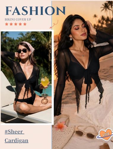 Image of Avidlove Women Mesh Crop Top Y2K Tie Front Tops Rave Top Sheer Cardigan Sexy V Neck Outfits S-2XL