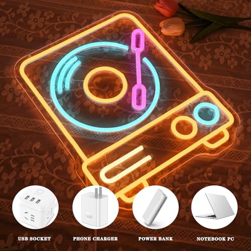 Image of Record Player Neon Sign for Wall Decor Music Neon Light Retro Music Player Led Neon Signs Colorful Led Neon Lights For Recording Studio Musical Instrument Store Decoration