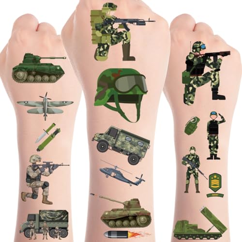 8 Sheets Army Birthday Decorations 200+ Army Temporary Tattoos Military Stickers Camo Theme Party Soldier Helicopter Tank Truck Temporary Tattoos Party Favors Supplies Prizes Rewards