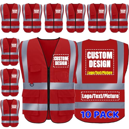 BeautyWill Custom Logo Safety Vest High Visibility Reflective Design Vest Asin Class 2 with Pockets Personalized Apparel 10 Pack Red Medium