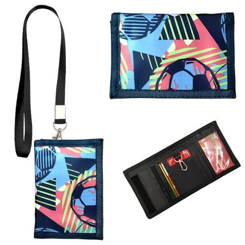 SIRLOMU farbig Kinder Brustbeutel Dreifach Gefaltete Geldbörse mit Schlüsselanhänger, Portemonnaie zum Umhängen Schultüte Füllung Geschenk für Jungen & Mädchen (Fußball)