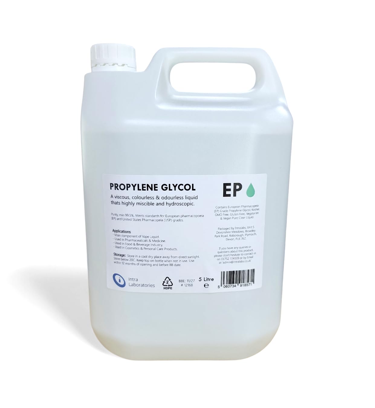 Intralabs Mono Propylene Glycol 5 Litre | Pharmaceutical Grade (BP/USP) MPG for Food Use, Cosmetic Formulations, Skin Care & Crafts
