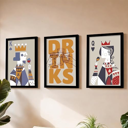 Image of PAINTINGMANTRA Poker King Queen Retro Graphic Framed Poster for Living Room inchDrinks inch Retro Framed Painting for Home Decor Bar Pub Lounge Dining area restaurant Hotel Set of 3, Size 33x45 cm
