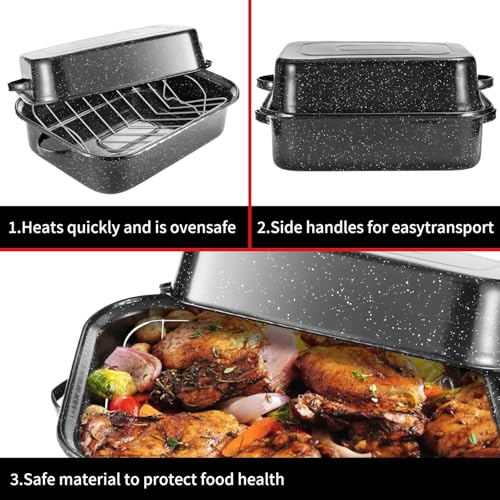 Sartén rectangular de granito para asar con baster y estante para pavo de gran capacidad 3