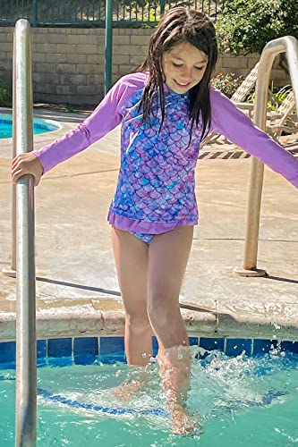 Funnycokid Mermaid Rashguard Swimsuit For Girls 2 Piece Long Sleeve Bathing Suit Purple Swimwear Rash Guard Swim Sets Quick Dry Surfing For Kids 5-6 Years #TOP2