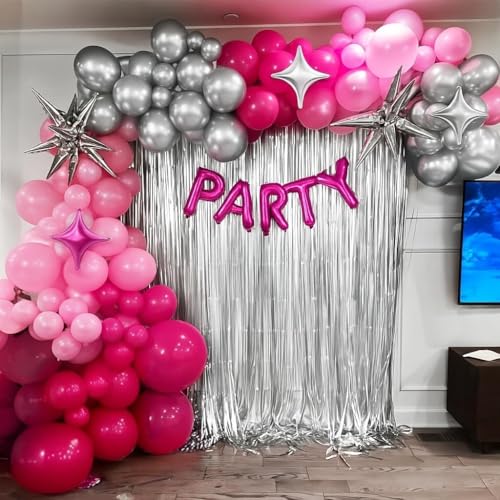 Image of Pink Silver Balloon Arch Kit, Hot Pink Balloons for Princess Birthday Party | Pastel pink, magenta and metallic silver balloons with four star foil accents for wedding, engagement and princess decor