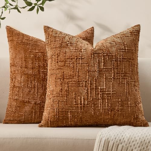 Allorry Fall Decorative Couch Throw Pillow Covers 18x18 Set of 2 Rust Soft Chenille Pillow Covers Neutral Textured Boho Cushion Covers for Modern Farmhouse Sofa Bedroom Living Room Decor SY008-B18