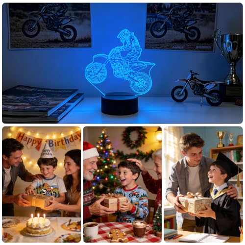 Image of FULLOSUN Dirt Bike Gifts, Motocross 3D Night Light for Kids for Xmas Holiday Birthday Gifts for Kids Motorcycle Fan with Remote Control 16 Colors Changing + 4 Changing Mode + Dim Function