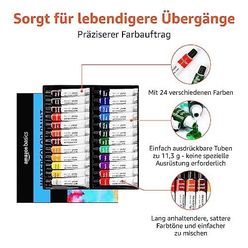 Amazon Basics Aquarellfarben in Tuben, 24 stück, 1er-Pack, Mehrfarbig