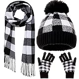 CRUOXIBB Gorro de esquí grueso grueso grueso y cálido de punto de calavera de búfalo elástico suave de invierno, Negro/Blanco+Guante+Bufanda, talla única-M