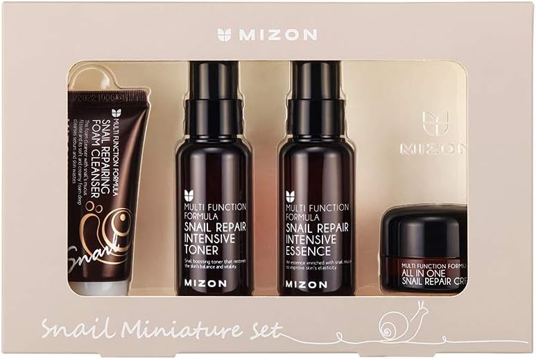 MIZON Snail Line Set, Korean Snail Skincare Essentials Set, Mini Sized Snail Foam Cleanser, Toner, Essence, and All in One Facial Cream to Improve Skin Tone, Fine Wrinkles, Smooth, Moisturize.