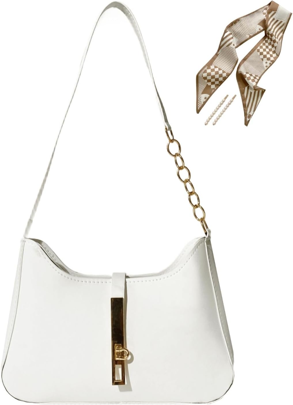 Small Purse for Women White Shoulder Bag Cute Hobo Leather Handbag Underarm Purses with Zipper Gold-Tone Bar Buckle