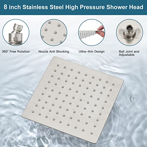 Midanya Brushed Nickel Shower Faucet Set Bathroom Shower System Wall Mount 8 Inch Square Rainfall Shower Head High Pressure Shower Fixture With Handheld Sprayer Rough-In Valve Body And Trim Included #TOP3