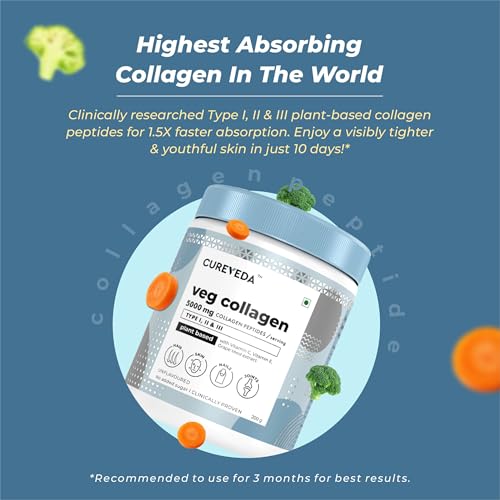 Image of Cureveda Veg Collagen 5000mg Collagen Peptide with added Vitamin C & E, Grapeseed Extract For Healthy Skin, Hair & Nails | Men & Women - 150 gm Powder Unflavoured