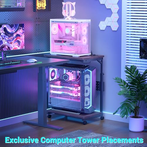 Besiost Computer Tower Stand with Power Strips, 4 Levels Manual Height Adjustable PC Tower Stand for Under Desk, Mobile Rolling CPU Holder, Computer Cart with Wheels, 24", Black Walnut by Besiost - Image 8