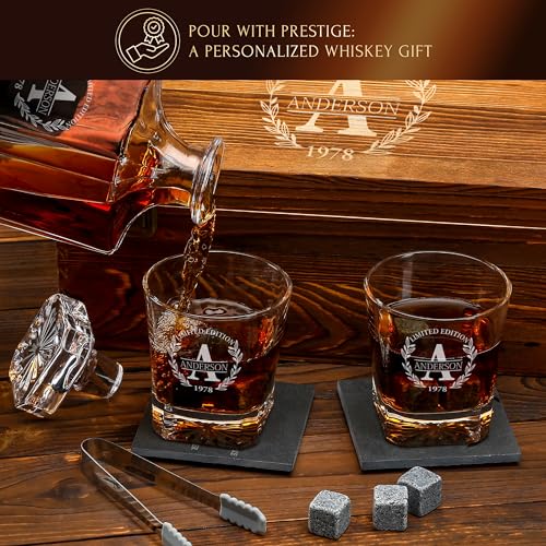 Personalized Whiskey Decanter and Stones Set - Customized Gift for Him - Men, Dad, Father - Engraved Classic Decanter, Glasses, 9 Granite Stones in Container, Coasters, Tongs in Wooden Gift Box - Image 6