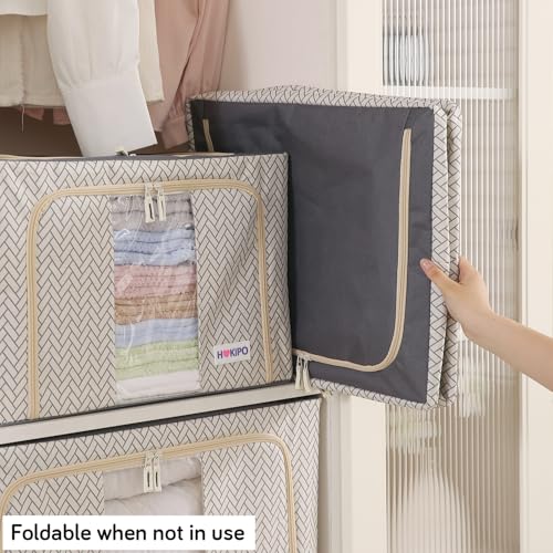 Image of HOKIPO Wardrobe Organizer Storage Box | Foldable Cloth Storage Boxes with Metal Frame & Window | 600D Oxford Fabric | 24L, Pack of 2 Cream Mist (AR-5927-OWHT*2)