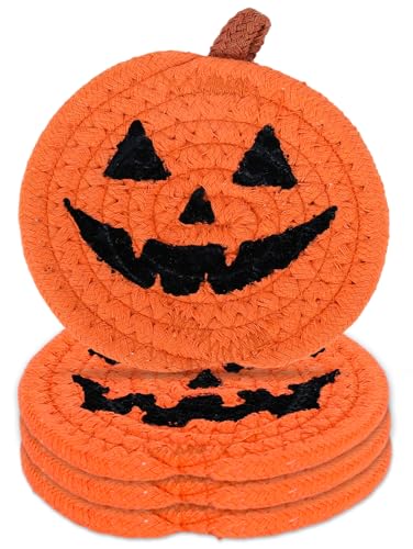 Whaline 4Pcs Halloween Pumpkin Handmade Braided Cotton Coasters Orange Black Pumpkin Shape Drink Coasters Absorbent Cup Mat for Home Office Party Decor 4.7 Inch