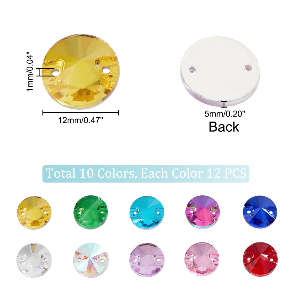 AHANDMAKER 120 Strass In Vetro Da Cucire 2 Fori - 10 Colori, 12 Pezzi Per Colore - Perline Piatte Per Abiti Fai Da Te E Gioielli - 2