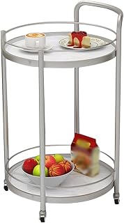 Double-Tier Round Serving Cart for Drinks Classic Home Décor Iron Frame Snack Storage Trolley for Wine Beverages & Desserts - White & Silver Finish