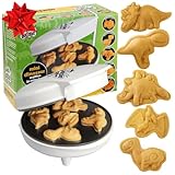 Dinosaur Mini Waffle Maker- 5 Different Double Sided 3D Shaped Dinos in Minutes- Breakfast Fun for Kids Adults w Cool Novelty Pancakes, Electric Baker, NonStick Waffler Iron w Recipe Guide, Xmas Gift