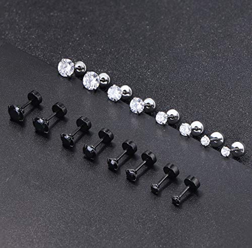 Orazio 8 Pairs 18G Stainless Steel Ear Stud Piercing Barbell Studs Earrings Round Cubic Zirconia Inlaid #TOP6