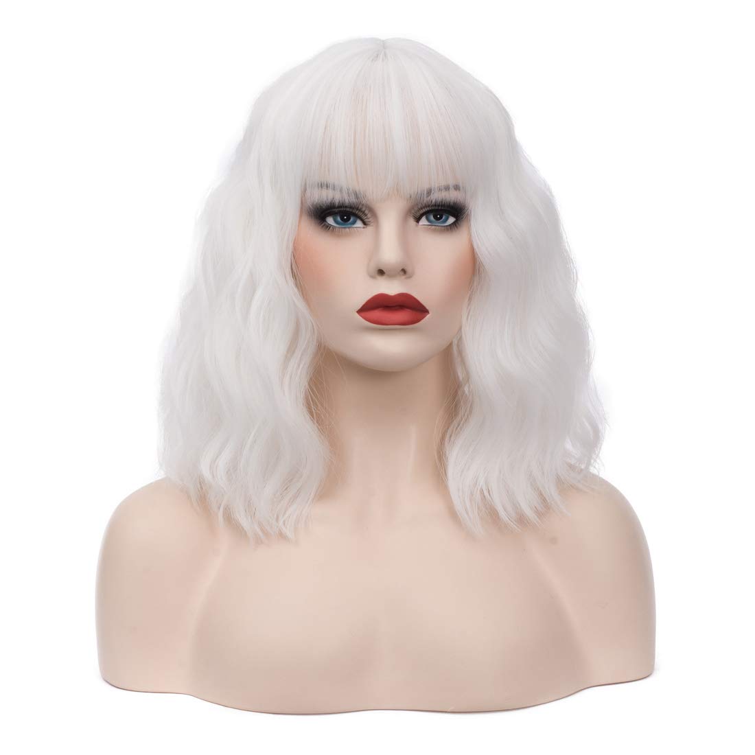 TCAIACT 14" Short Bob Wavy Curly Bangs Wig White Air Bangs Shoulder Length Women's Charming Synthetic Wig for Cosplay Party Anime Costume+Wig Cap (