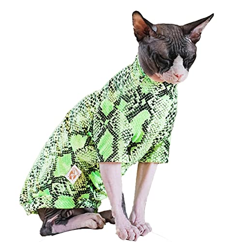 Sphynx Haarlose Katzenkleidung Frühling Sommer Limited Edition Schlangenhaut Muster Baumwolle T-Shirts Elastizität Rollkragen Haustierkleidung für Katzen (L (3,8-5,3 kg), fluoreszierendes Grün) Cover