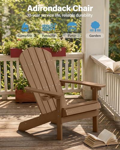 MXIMU Adirondack Stuhl für Outdoor Garten: Allwetter Adirondack Chair Kunststoff HIPS mit Getränkehalter für Outdoor Stuhl - Adirondack Gartensessel Wetterfest für Balkon/Terrasse/Feuerstelle(Teak)