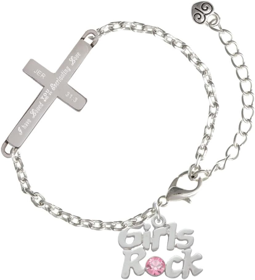Delight Jewelry Silvertone Girls Rock with Light Pink Crystal Everlasting Love Engraved Cross Charm Bracelet, 6.5+1.5" Extender
