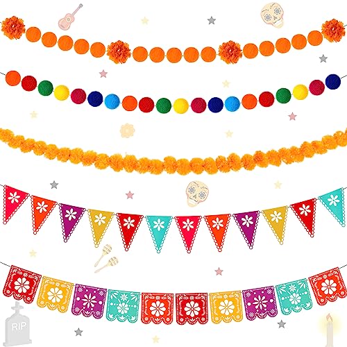 Preboun 5 Pcs Day of the Dead Party Decorations Marigold Flowers Garland Papel Picado Banner Fiesta Cinco De Mayo Banner Pom Pom Wool Felt Ball Garland for Mexican Party Dia De Los Muertos Decorations