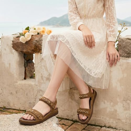 Image of UBFEN Womens Flat Sandals with Adjustable Back Strap, Arch Support | Beaded, Open Toe, Slingback, Casual, Comfortable for Walking, Vacation and Travel