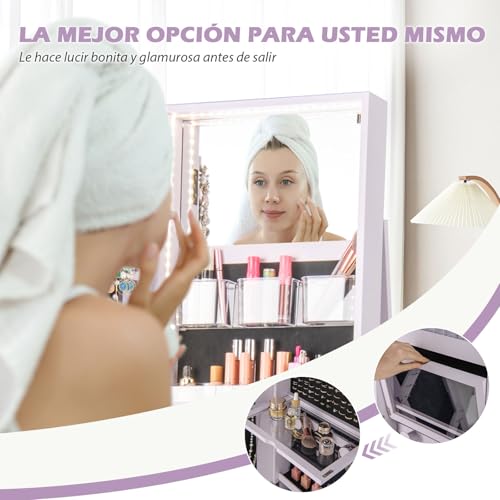 Armario de joyería giratorio con espejo de cuerpo entero y luces LED 3