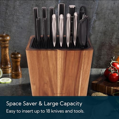 KITCHENDAO XL Acacia Wood Universal Knife Block Holder with Slots for Scissors and Sharpening Rod, Safe, Space Saver Knives Storage Stand Display Without Knives, Unique Slot Design to Protect Blade - Image 4