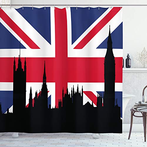 ABAKUHAUS Union Jack Rideau de Douche, Historique Urbain Royaume-Uni, Tissu Ensemble de Décor de Salle de Bain avec Crochets, 175 x 200 cm, Bleu Royal Noir...