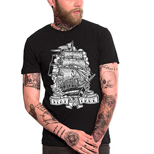VIENTO Stars Ships Homme T-Shirt (Noir, L)