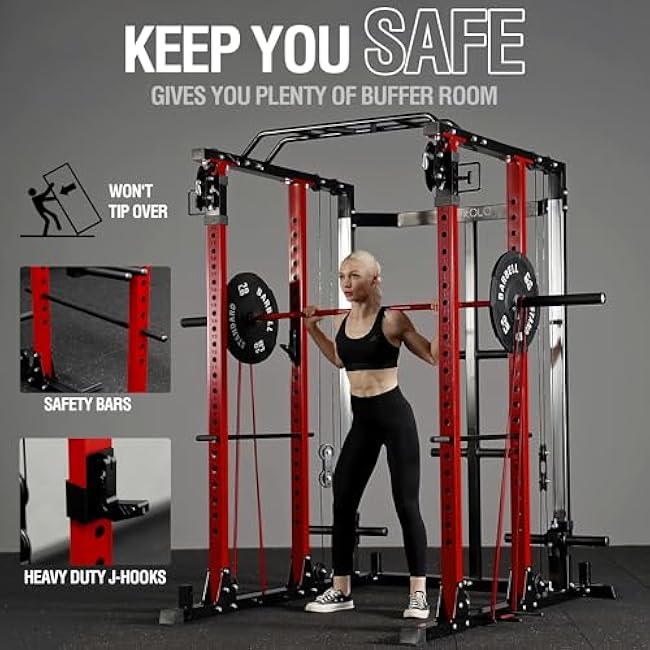 Mikolo Power Cage, Power Rack with Cable Crossover and Dual Independent Pulley System, 2200 Pounds Capacity Workout Cage with More Training Attachments, Squat Rack for Home Gym, PC07 Versions